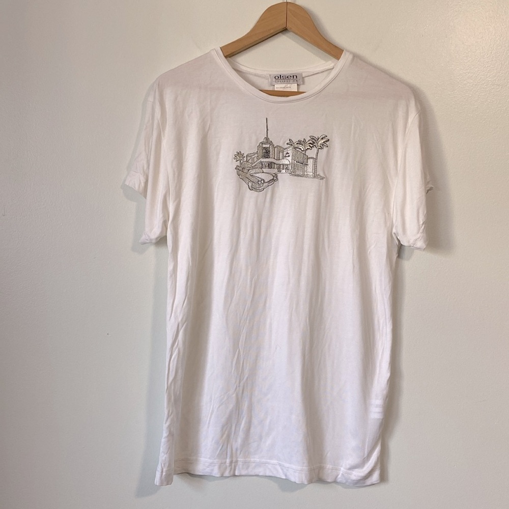 Olsen Collection White embroidered car palm building short sleeve tshirt M